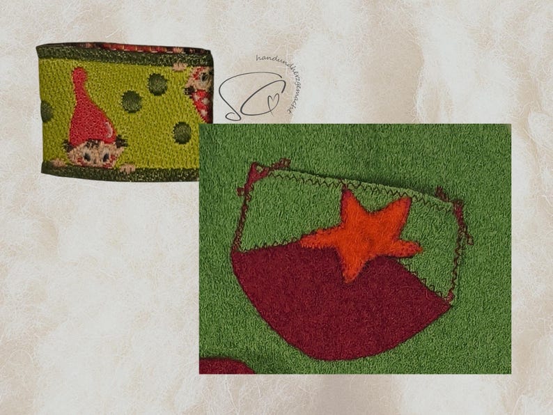 Pode incluir: Uma carteira verde e vermelha com tema natalino com um design de gnomo de desenho animado. A carteira tem um fundo verde com um padr&atilde;o repetido de c&iacute;rculos verde escuro. O gnomo est&aacute; usando um chap&eacute;u vermelho. Um bolso verde e vermelho com uma estrela laranja tamb&eacute;m &eacute; mostrado.