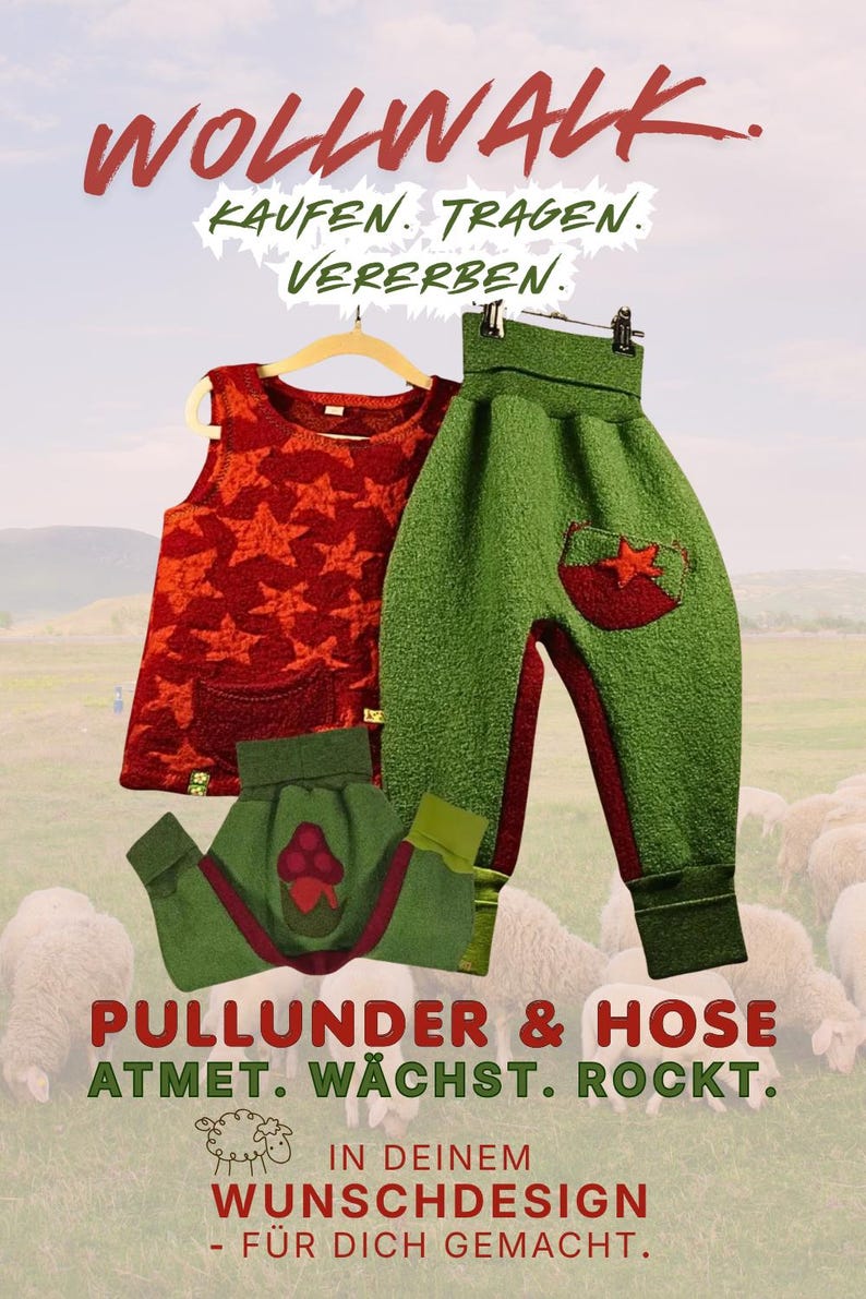 Pode incluir: Exibi&ccedil;&atilde;o de roupas infantis, incluindo um top vermelho com estampa de estrelas, cal&ccedil;as verdes com bolso de estrela e uma saia verde com um desenho de cogumelo. O texto "WOLLWALK" e outras frases alem&atilde;s s&atilde;o vis&iacute;veis.
