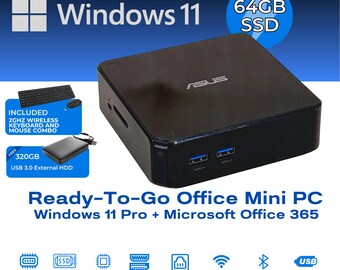 Mini Office PC Windows 11 Pro + Microsoft Office 365 Desktop Computer 8GB RAM 64GB SSD Wi-Fi Bundle
