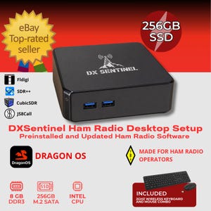 May include: A black DX Sentinel ham radio desktop computer featuring a 256GB SSD, 8GB DDR3 RAM, and an Intel CPU. The unit includes preinstalled Dragon OS and ham radio software, along with a wireless keyboard and mouse combo for operators.