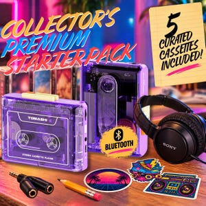 Portable Bluetooth Cassette Player – Retro 80s Music Gift (5 Tapes, Headphones) Collector Starter Pack