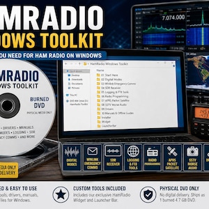 May include: A HamRadio Windows Toolkit DVD with a laptop displaying software, a radio, and a monitor showing radio wave data. The DVD includes tools, drivers, and manuals for digital modes and emergency communications.
