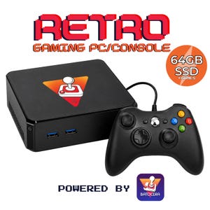 May include: A black mini PC console with a joystick logo on top, two front USB ports, and a black wired game controller. The text reads RETRO GAMING PC/CONSOLE, 64GB SSD +GAMES, POWERED BY BATOCERA. The console features a sleek, compact design.