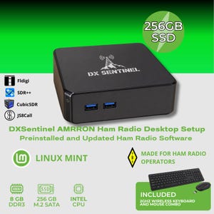 May include: A black DX Sentinel desktop computer featuring a 256GB SSD, 8GB DDR3 RAM, and an Intel CPU. The unit includes a wireless keyboard and mouse combo, preinstalled Linux Mint, and ham radio software like Fldigi, SDR++, CubicSDR, and JS8Call.