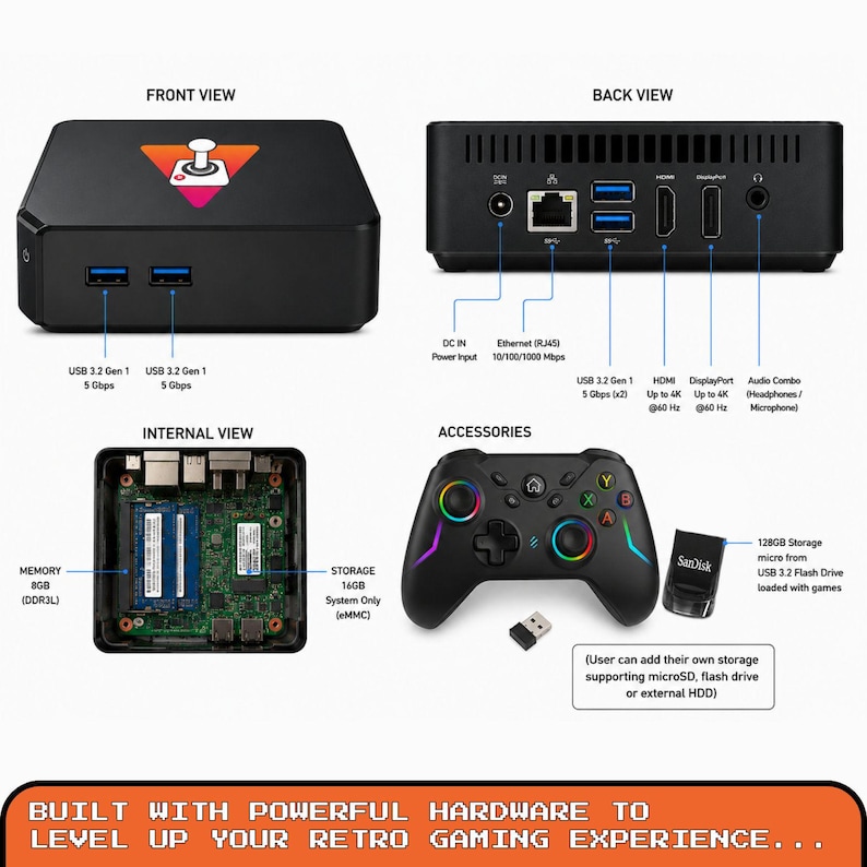 Mini PC console de jeu rétro Batocera 128 Go, console d'émulation Plug and Play, émulateur d'arcade portable, cadeau pour les joueurs Manette sans fil image 2