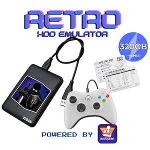 May include: A black external hard drive labeled 320GB with a graphic of a warrior holding a sword and shield, connected by a USB cable to a white game controller. Includes two printed instruction cards and a blue circular 320GB +GAMES badge.