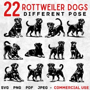 22 Rottweiler Dogs Svg Png Jpeg Pdf Bundle | Dog Clipart Silhouettes | Pet Files for Cricut Sublimation Prints Laser Cut Crafts