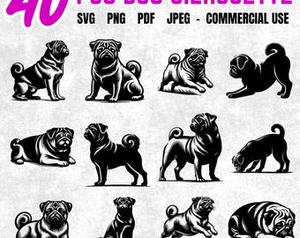 40 Pug Dog Svg Png Pdf Jpeg Bundle | Pug Clipart in Different Poses for Cricut Sublimation Laser Engraving and Craft Projects