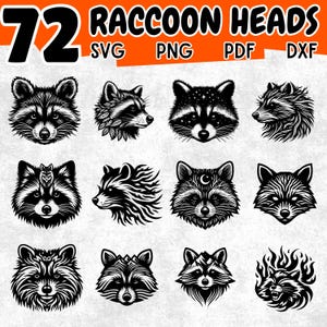 72 Raccoon Head SVG Bundle | Woodland Animal Clipart Png Svg DXF PDF | Rustic Wildlife Silhouettes for Cricut Laser Sublimation Crafts