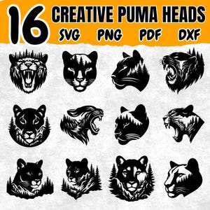 16 Creative Puma Head SVG Bundle | Artistic Big Cat Clipart Png Svg DXF PDF | Wild Animal Silhouettes for Cricut Laser Crafts