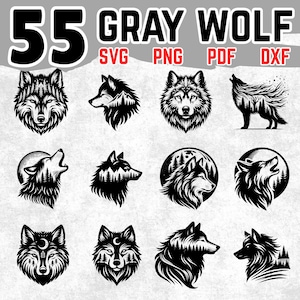 May include: A collection of 12 black and white gray wolf illustrations in various poses and styles. The image includes the text "55 GRAY WOLF" with file type abbreviations: SVG, PNG, PDF, and DXF.