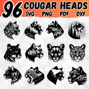 96 Cougar Head SVG Bundle | Wild Mountain Lion Clipart Png DXF PDF | Big Cat Silhouette Files for Cricut Laser Sublimation Crafts