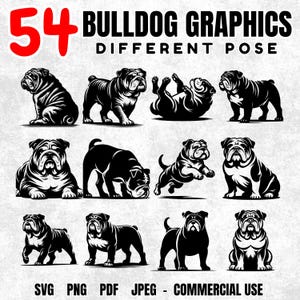 54 Bulldog Svg Png Jpeg Pdf Bundle | Dog Clipart Silhouettes | Pet Files for Cricut Sublimation Prints Laser Cut Crafts