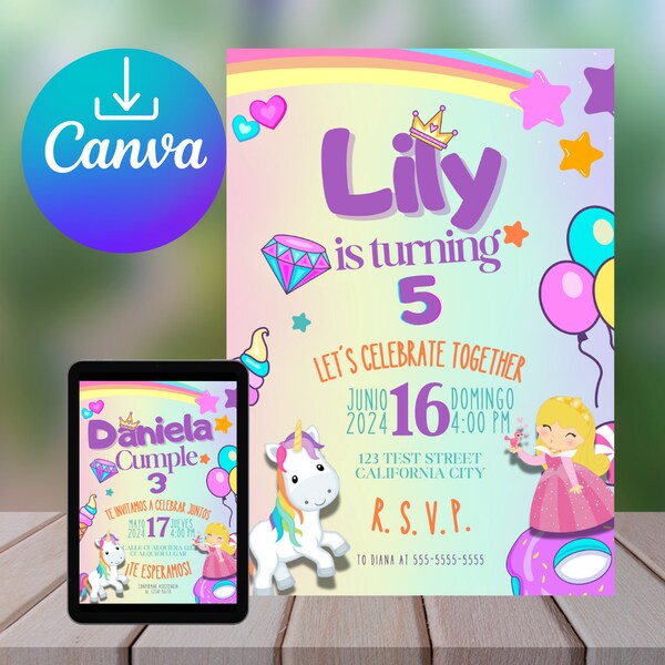 Invitación de cumpleaños de Unicornio Princesa, invitación digital, invitaciones a fiestas para niños imprimibles, plantilla Canva