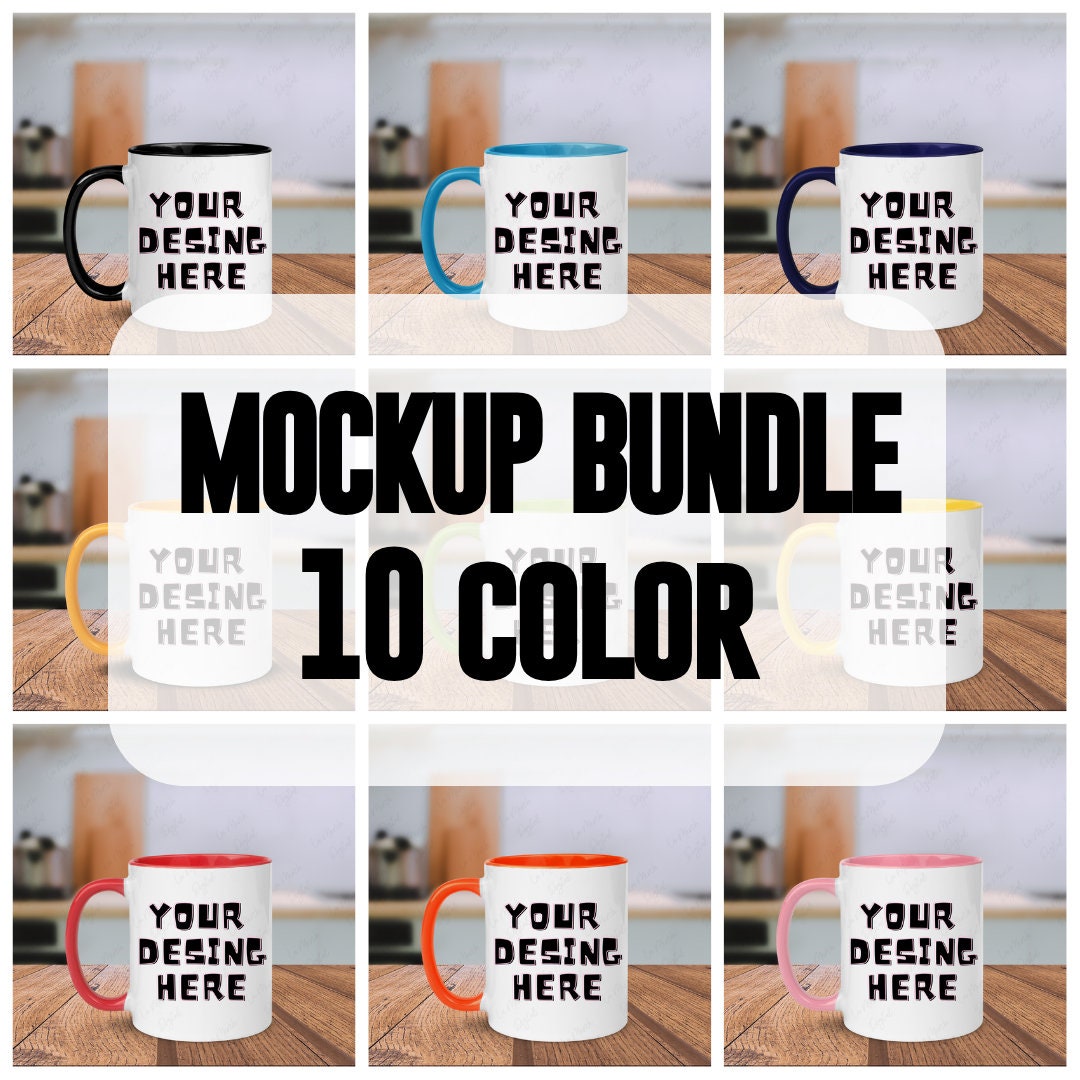Mug Rim Design Mockup Pack With 10 Mugs With Inner Rim and Matching Handle on Wooden ...