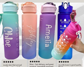 Personalisierte Wasserflasche mit Pop Up Strohhalm, Sport Trinkflasche mit Zeitmarkierungen, auslaufsicher, BPA-frei für Schule / Radfahren / Reisen
