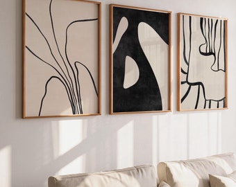 Black White Simple Abstract Wall Art Set of 3, Modern Organic Neutral 3 Pieces Prints, Japandi Home Decor, Minimal Living Room Wall Gallery