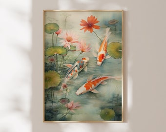 Impresión de pared de jardín japonés, pintura de estanque koi con flores y lotos, arte natural colorido, póster estético asiático, impresión de acuarela zen