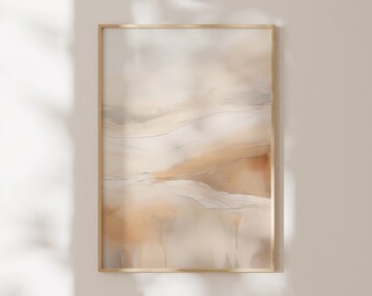 May include: A framed abstract painting with a gold frame. The painting features a light brown and beige colour scheme with subtle lines and textures.