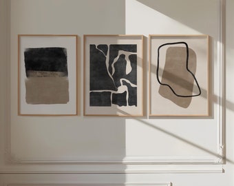 Modern Organic Muted Colors Wall Art Set of 3, Abstract Japandi 3 Pieces Home Decor, Contemporary Digital Artworks, Black Beige Elegant Art