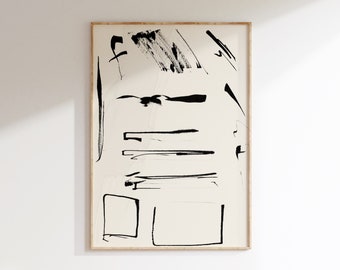 Stampa artistica astratta in nero neutro, opera d'arte con pennellate di inchiostro nero, arte murale minimalista moderna, decorazione Wabi Sabi Japandi, poster con inchiostro giapponese
