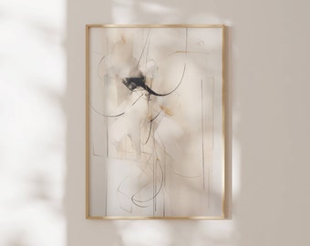 May include: Abstract art print in a gold frame with black and white lines and beige watercolor washes.