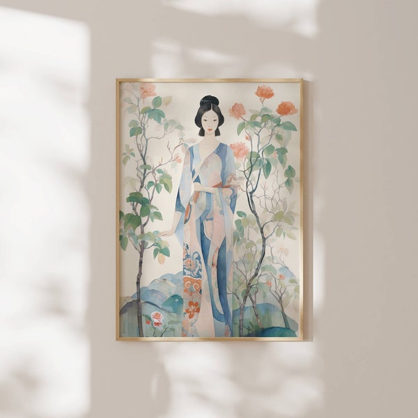 Asia Female Art Print, Japanese Aesthetic Wall Art, Oriental Art Decor, Modern Japanese Geisha Wall Art, Woman in Garden With Flowers