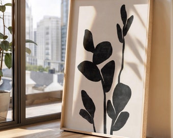 Simple Black White Floral Wall Art, Modern Organic Botanical Print, Neutral Flower Print, Minimal Living Room Wall Decor, Printable Wall Art