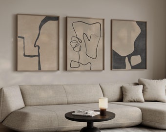 Modern Organic Wall Art Set of 3, Neutral Greige Abstract Wall Decor, Japandi Digital Prints, Beige Brown Scandinavian 3 Pieces Wall Gallery
