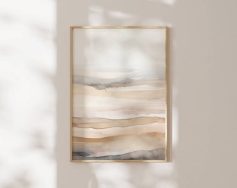 May include: A framed abstract watercolour painting with a gold frame. The painting features a layered landscape with shades of brown, beige, and grey.