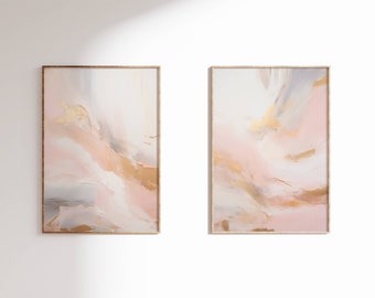 Calm Abstract Wall Art Set of 2, Modern Pale Pink and Grey Watercolor Printable Wall Art, Blush Minimalist Living Room Wall Decor