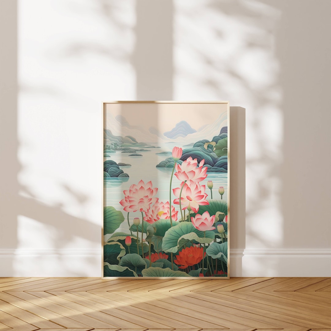 Lotus Flower Wall Art Print, Japanese Lotus Art Illustration, Colorful ...