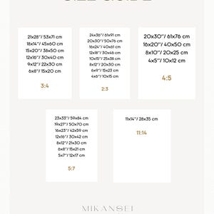 May include: Size guide for art prints with different dimensions in inches and centimeters. The guide shows the ratio of the dimensions, for example, 3:4, 4:5, 5:7, 11:14, and 2:3. The text "MIKANSEI art studio" is at the bottom of the image.