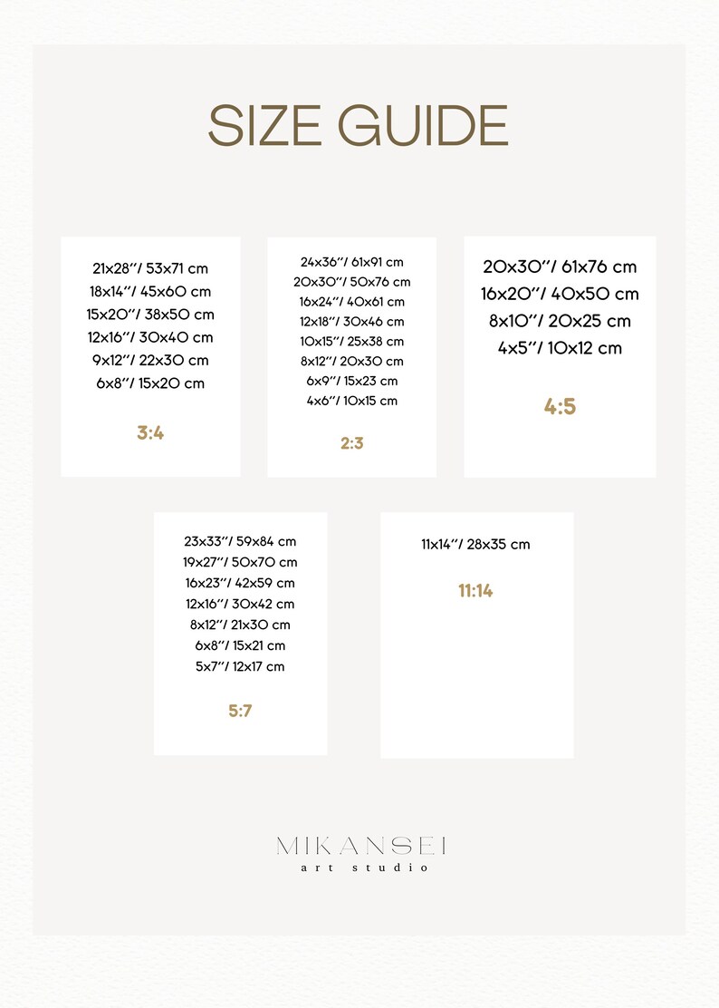 May include: Size guide for art prints with different dimensions in inches and centimeters. The guide shows the ratio of the dimensions, for example, 3:4, 4:5, 5:7, 11:14, and 2:3. The text "MIKANSEI art studio" is at the bottom of the image.