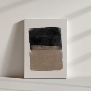 May include: Abstract art print with a black and brown color scheme. The print features two horizontal stripes, one black and one brown, on a white background.