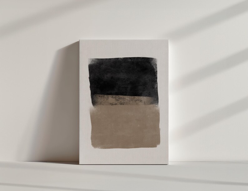 May include: Abstract art print with a black and brown color scheme. The print features two horizontal stripes, one black and one brown, on a white background.