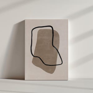May include: Abstract art print with a brown organic shape outlined in black on a beige background.