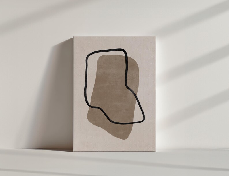 May include: Abstract art print with a brown organic shape outlined in black on a beige background.