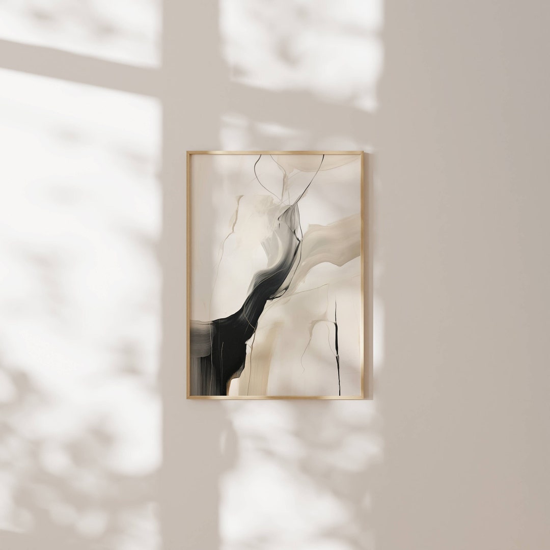 Contemporary Japandi Wall Art, Neutral Black Beige Print, Cream and ...