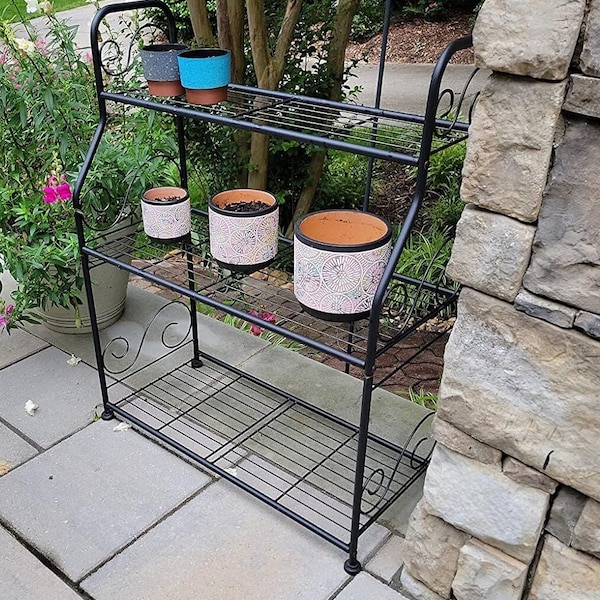 Black Metal Plant Stand Rack 3-Tier Indoor Outdoor Display Shelf for Flowers and Pots Perfect for Patio Balcony Living Room Storage Home Use