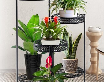 Grandes tables de fleurs à plusieurs niveaux conçues en noir, moderne, haute à 6 niveaux pour plantes pour balcons, support pliant pour plusieurs plantes