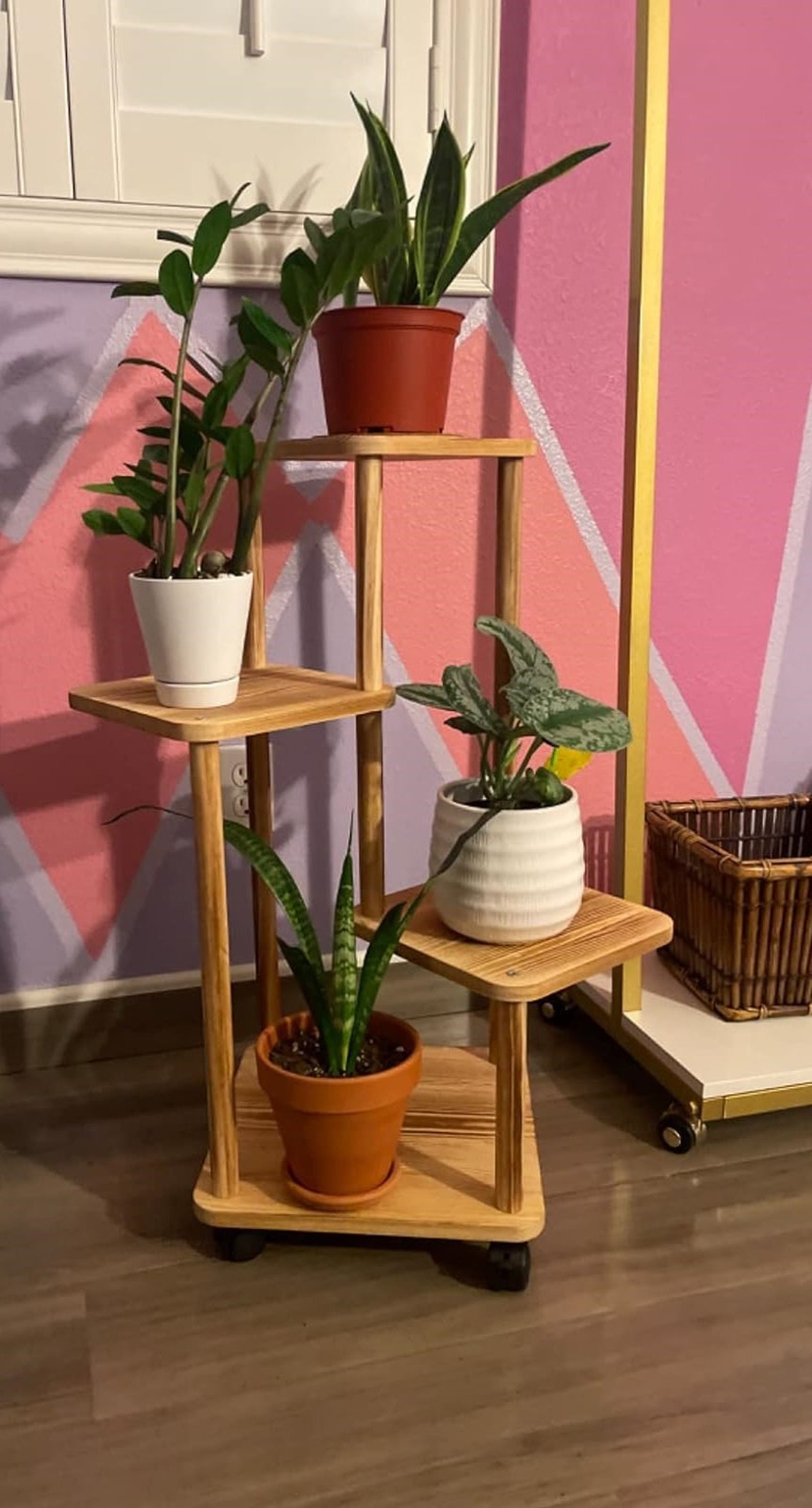 Pine Wood 3 Tier Plant Stand Holder for Corner With Wheels Living Room