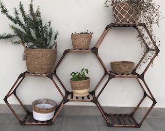 Transformable Hexagonal Plant Stand 7-Tier Wooden Indoor Outdoor Shelf for 7 Potted Plants Ladder Rack Holder for Corner Windows Living Room