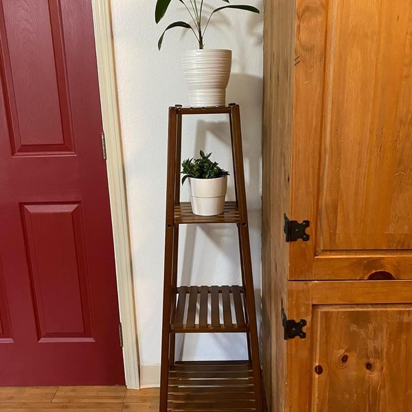 Natural Bamboo Tall Plant Stand Bottom Lock Balcony Planter Shelves Skid and Shake Proof Display 4-Tier Pot Holder Space Flower Shelf Rack