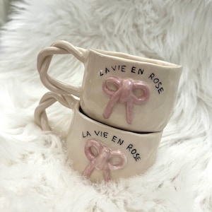 Parisian Vibe Bow Mug,Handmade Ceramic/ Pottery Mug With Pink Cup,Pretty Coffee Mug,3D Coffee Mug, Pink Mugs,Handmade Tea Cup, Bow Decor