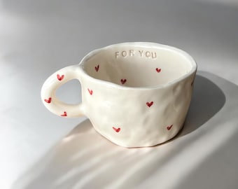 Cute Heart Coffee Mug,Minimal Lovely Cup ,Chic,Rustic&Romantic Handmade Red Heart Ceramic Mug, Pottery Cup with Heart, Gift for Love,Tea