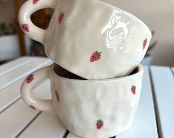 Handmade Strawberry Ceramic Mug, Cute Wavy Cup with Strawberries,Kawaii Pottery Coffee Mug,Unique Gift for Her,Strawberry Kitchen Decor,Mug