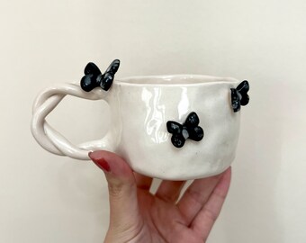 Handmade Pottery Mug with Mini Butterfly, Cute Coffee Cups, Handmade Ceramic Mug, 3D Animals Mug, Gift for Her, Black Mugs, Aesthetic Cup