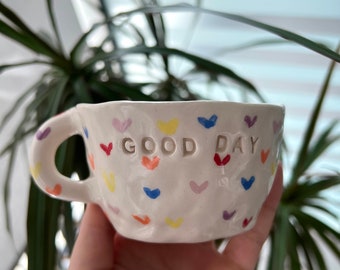 Cute Mini Heart Mug,Handmade Ceramic/Pottery Mug,Gift for Her,Sweet Gifts,Woman’s Day Gift,Coffee mug with Colorful Hearts, Handmade Tea Cup