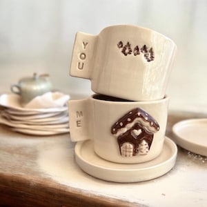 Set di tazze da caffè in ceramica fatte a mano con casa e albero, carina tazza invernale in ceramica, set di tazze da caffè, set regalo di tazze per coppie, decorazioni per la cucina